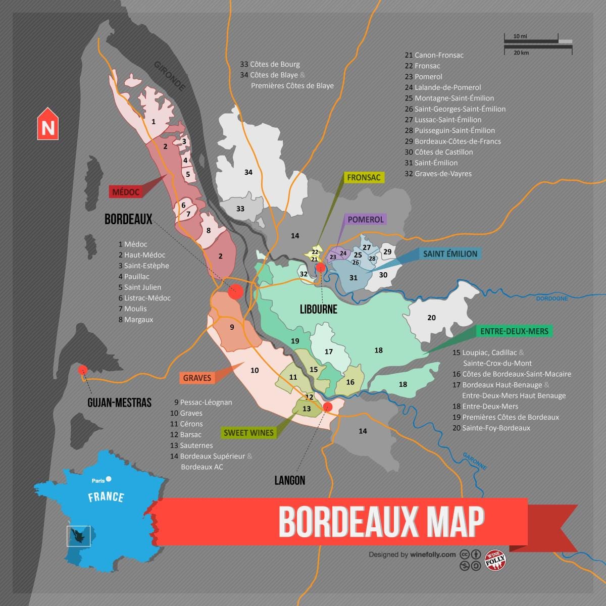 Bordeleko ardo herrialde mapa